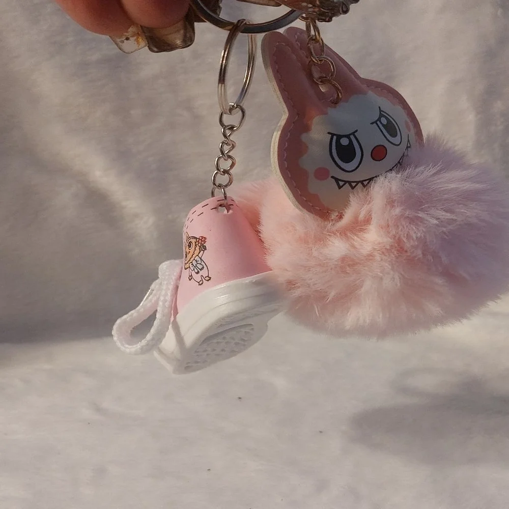 Pretty n Pink Labubu mini sneaker and very soft Fuzzy Labubu keychain
